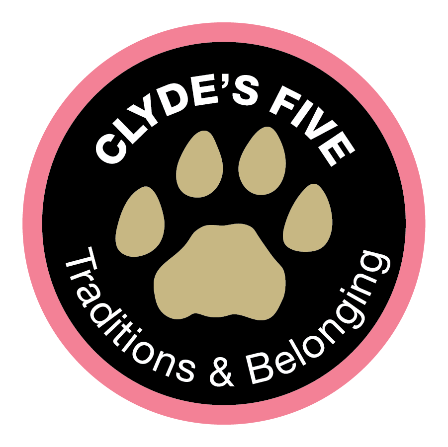 Clyde's Five Traditions and Belonging with paw print in the middle